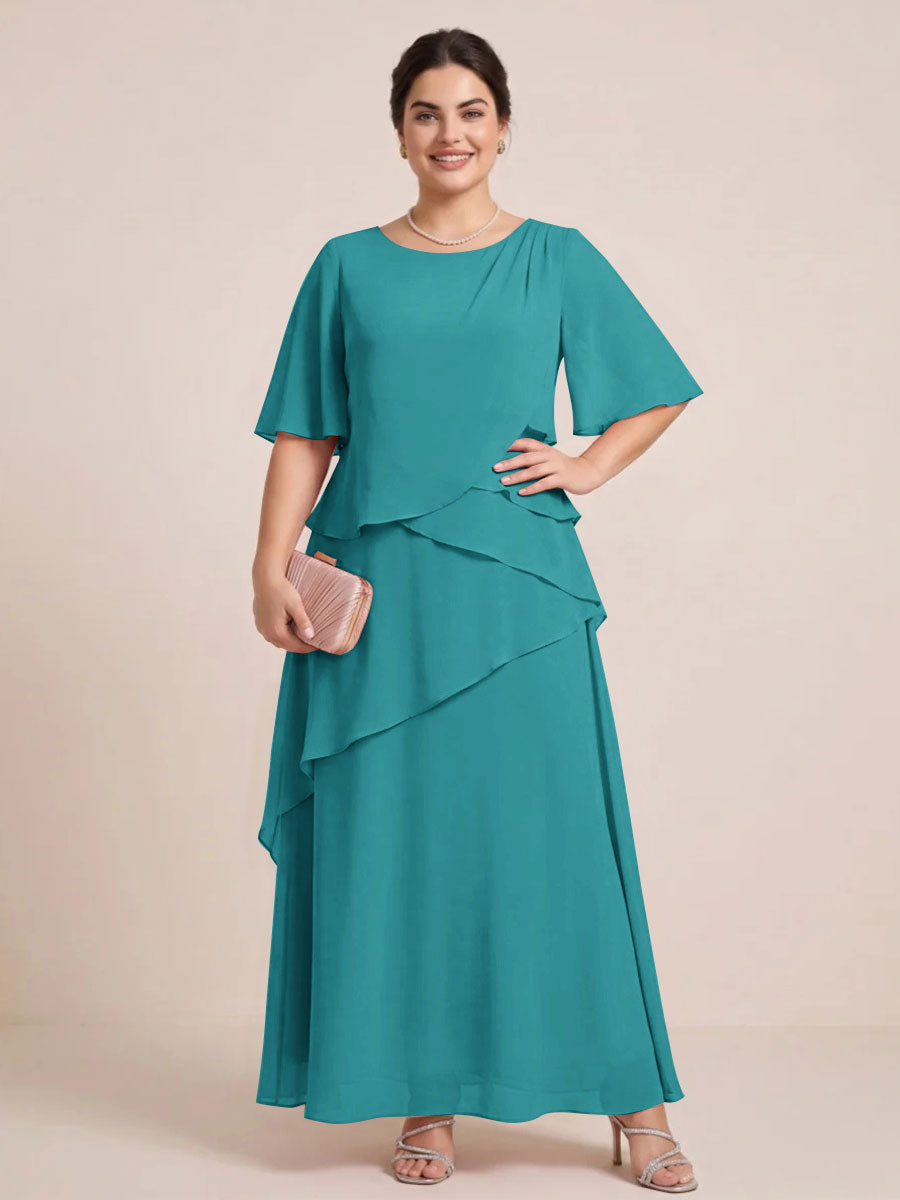 A-Line/Princess Scoop Short Sleeves Tiered Chiffon  Plus Size Mother of the Bride Dresses
