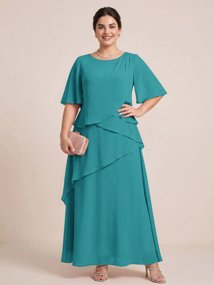 A-Line/Princess Scoop Short Sleeves Tiered Chiffon  Plus Size Mother of the Bride Dresses