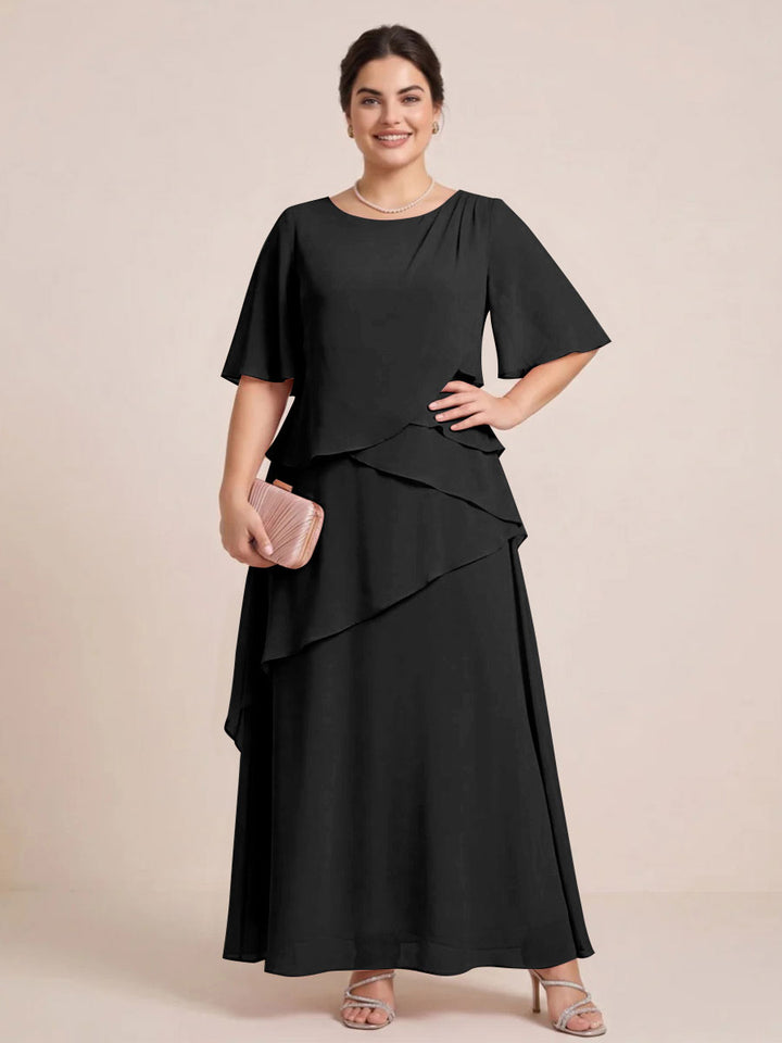 A-Line/Princess Scoop Short Sleeves Tiered Chiffon  Plus Size Mother of the Bride Dresses