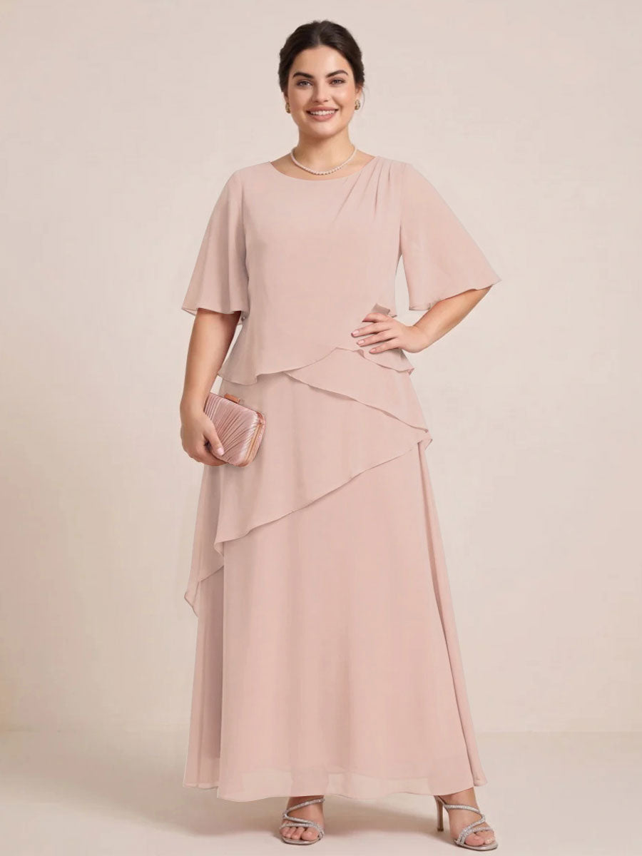 A-Line/Princess Scoop Short Sleeves Tiered Chiffon  Plus Size Mother of the Bride Dresses