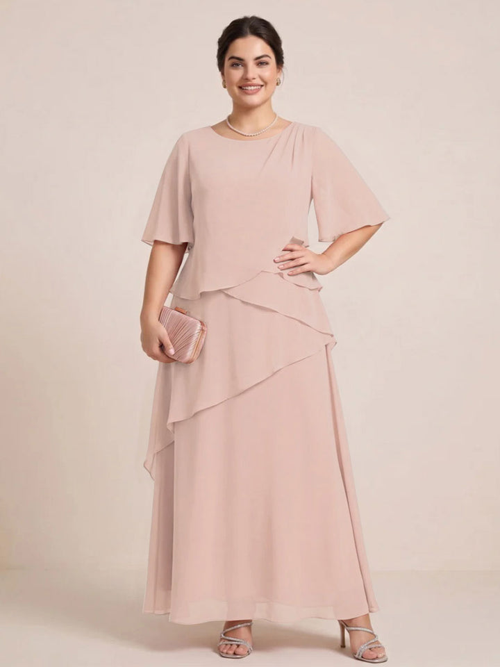 A-Line/Princess Scoop Short Sleeves Tiered Chiffon  Plus Size Mother of the Bride Dresses