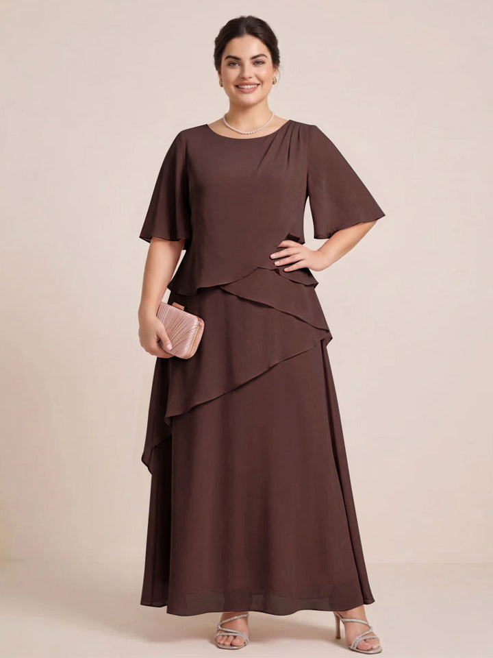 A-Line/Princess Scoop Short Sleeves Tiered Chiffon  Plus Size Mother of the Bride Dresses