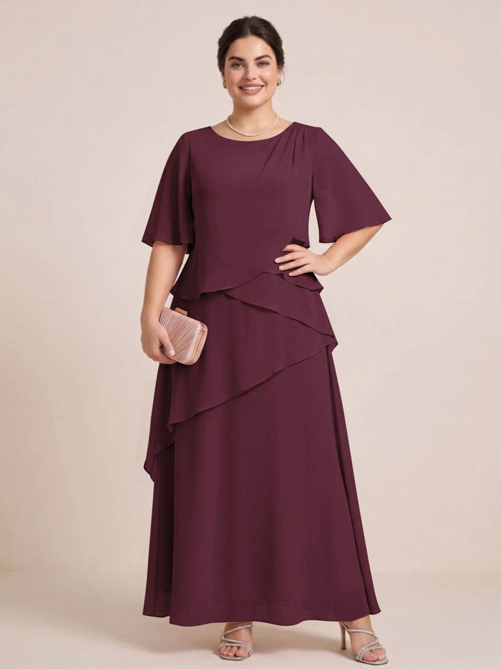 A-Line/Princess Scoop Short Sleeves Tiered Chiffon  Plus Size Mother of the Bride Dresses