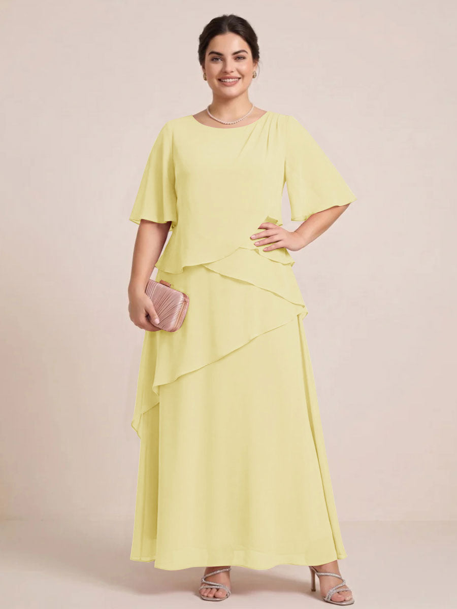 A-Line/Princess Scoop Short Sleeves Tiered Chiffon  Plus Size Mother of the Bride Dresses