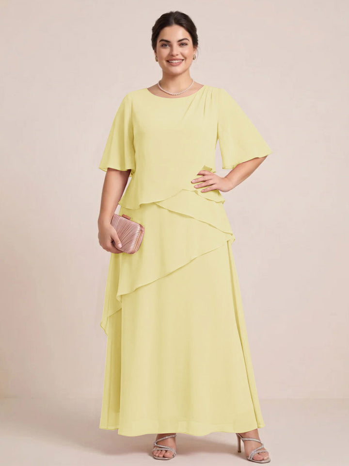 A-Line/Princess Scoop Short Sleeves Tiered Chiffon  Plus Size Mother of the Bride Dresses