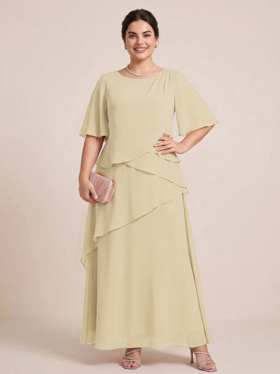 A-Line/Princess Scoop Short Sleeves Tiered Chiffon  Plus Size Mother of the Bride Dresses