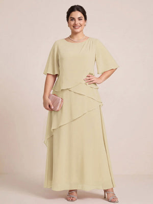 A-Line/Princess Scoop Short Sleeves Tiered Chiffon  Plus Size Mother of the Bride Dresses
