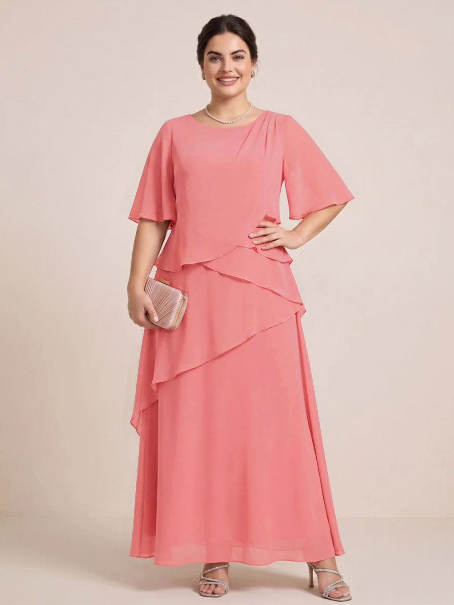 A-Line/Princess Scoop Short Sleeves Tiered Chiffon  Plus Size Mother of the Bride Dresses
