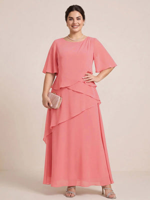 A-Line/Princess Scoop Short Sleeves Tiered Chiffon  Plus Size Mother of the Bride Dresses