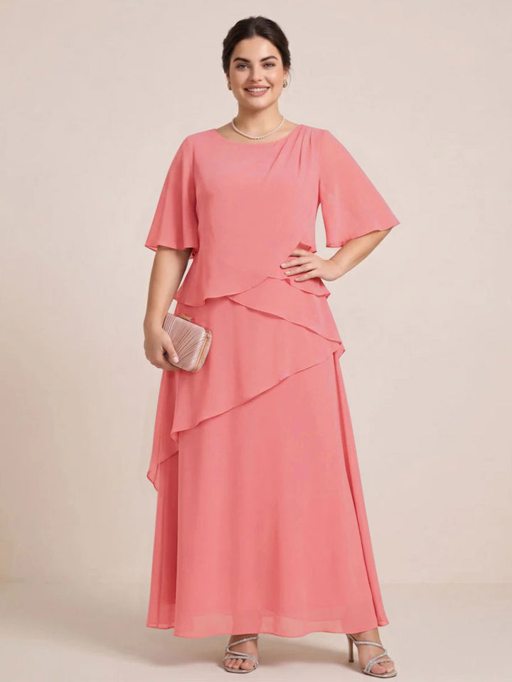A-Line/Princess Scoop Short Sleeves Tiered Chiffon  Plus Size Mother of the Bride Dresses