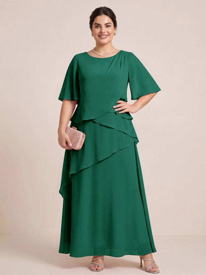 A-Line/Princess Scoop Short Sleeves Tiered Chiffon  Plus Size Mother of the Bride Dresses