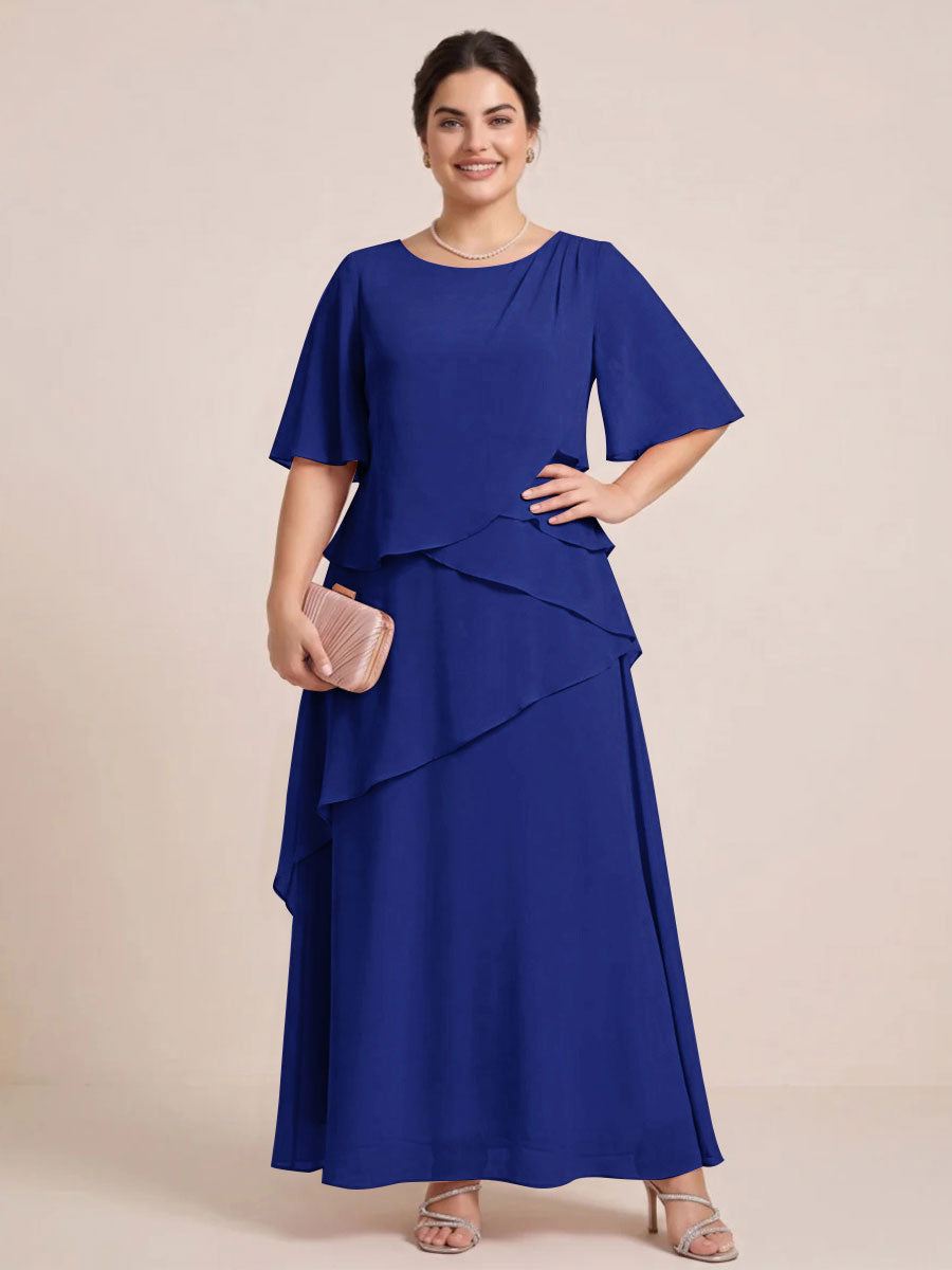 A-Line/Princess Scoop Short Sleeves Tiered Chiffon  Plus Size Mother of the Bride Dresses
