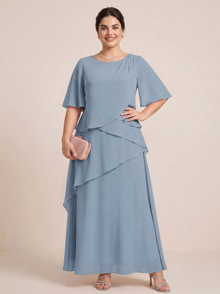 A-Line/Princess Scoop Short Sleeves Tiered Chiffon  Plus Size Mother of the Bride Dresses
