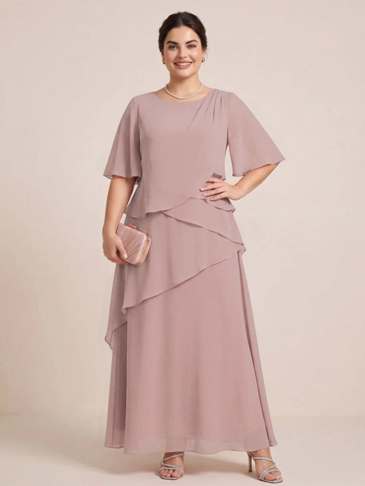 A-Line/Princess Scoop Short Sleeves Tiered Chiffon  Plus Size Mother of the Bride Dresses