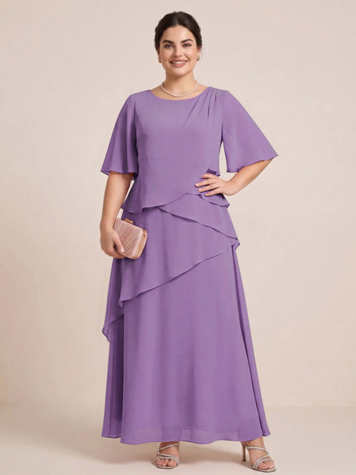 A-Line/Princess Scoop Short Sleeves Tiered Chiffon  Plus Size Mother of the Bride Dresses