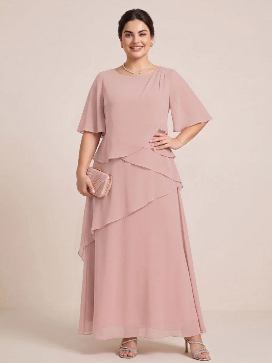 A-Line/Princess Scoop Short Sleeves Tiered Chiffon  Plus Size Mother of the Bride Dresses