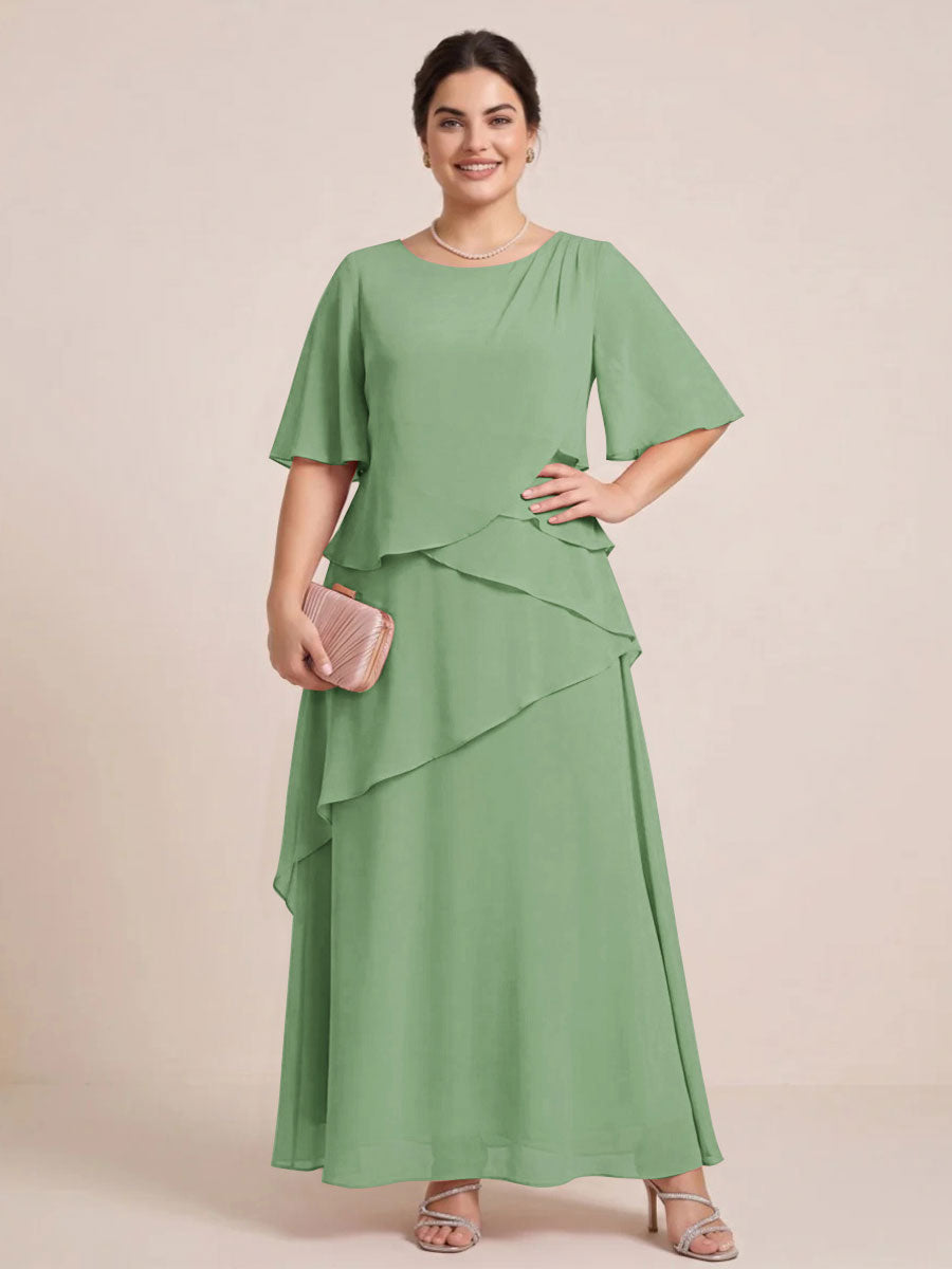 A-Line/Princess Scoop Short Sleeves Tiered Chiffon  Plus Size Mother of the Bride Dresses