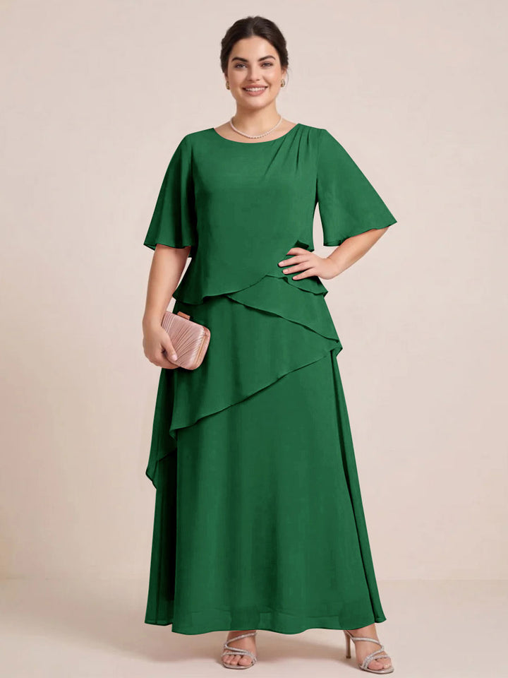 A-Line/Princess Scoop Short Sleeves Tiered Chiffon  Plus Size Mother of the Bride Dresses