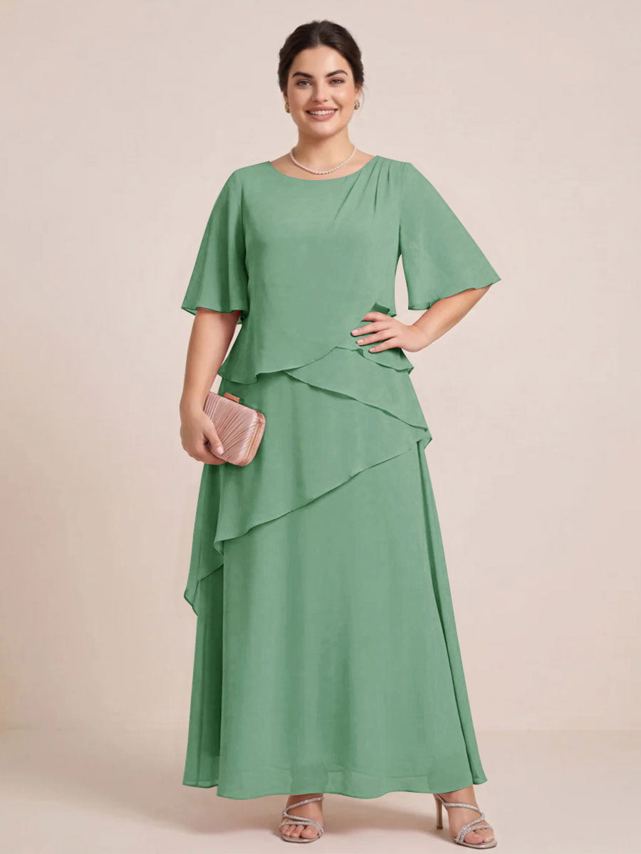 A-Line/Princess Scoop Short Sleeves Tiered Chiffon  Plus Size Mother of the Bride Dresses