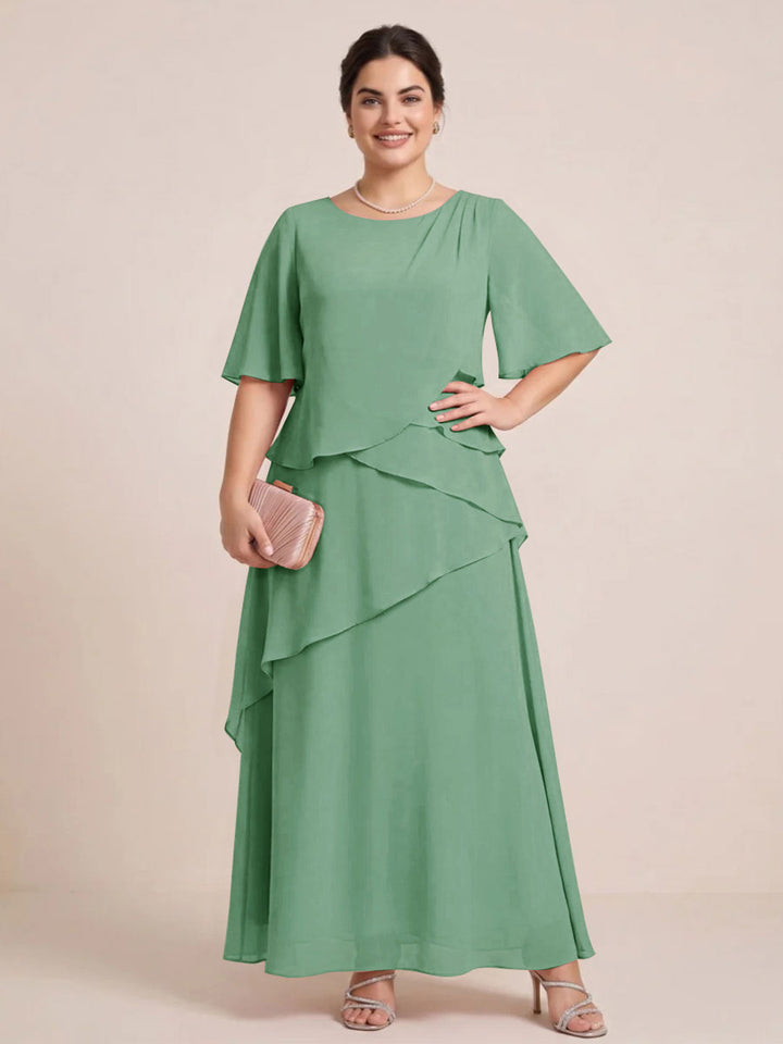 A-Line/Princess Scoop Short Sleeves Tiered Chiffon  Plus Size Mother of the Bride Dresses