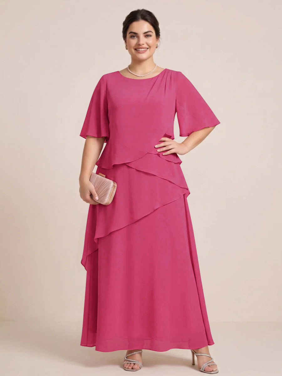 A-Line/Princess Scoop Short Sleeves Tiered Chiffon  Plus Size Mother of the Bride Dresses