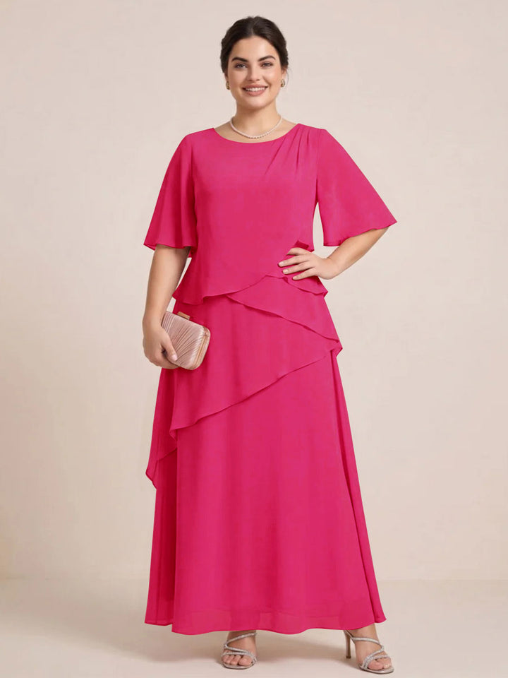A-Line/Princess Scoop Short Sleeves Tiered Chiffon  Plus Size Mother of the Bride Dresses