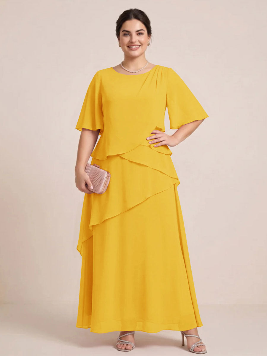 A-Line/Princess Scoop Short Sleeves Tiered Chiffon  Plus Size Mother of the Bride Dresses