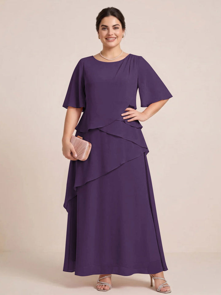 A-Line/Princess Scoop Short Sleeves Tiered Chiffon  Plus Size Mother of the Bride Dresses
