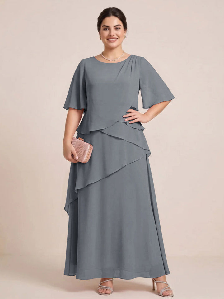 A-Line/Princess Scoop Short Sleeves Tiered Chiffon  Plus Size Mother of the Bride Dresses
