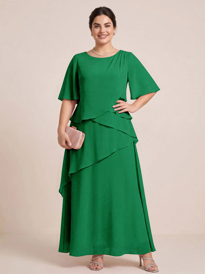 A-Line/Princess Scoop Short Sleeves Tiered Chiffon  Plus Size Mother of the Bride Dresses