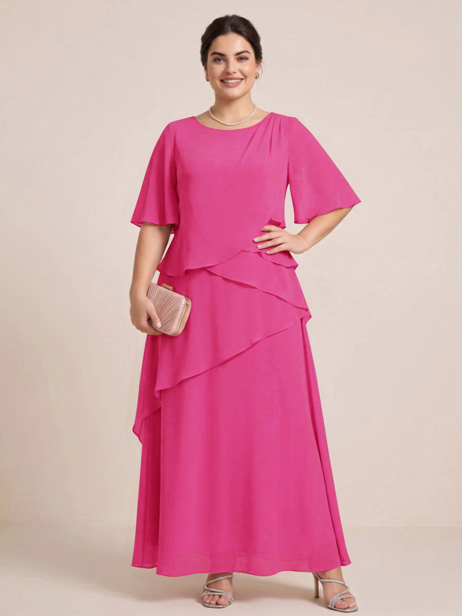 A-Line/Princess Scoop Short Sleeves Tiered Chiffon  Plus Size Mother of the Bride Dresses