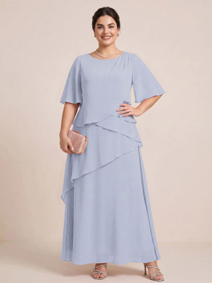 A-Line/Princess Scoop Short Sleeves Tiered Chiffon  Plus Size Mother of the Bride Dresses