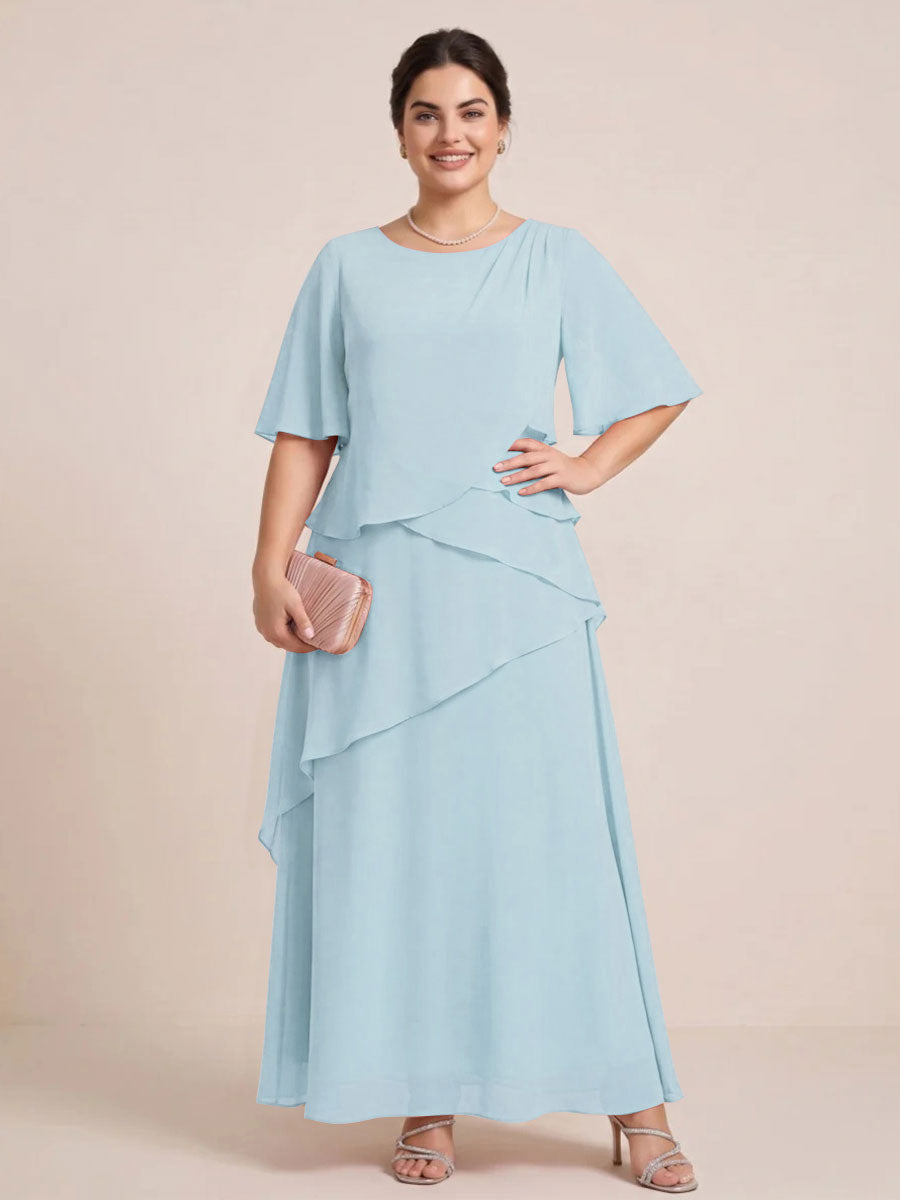 A-Line/Princess Scoop Short Sleeves Tiered Chiffon  Plus Size Mother of the Bride Dresses