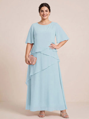 A-Line/Princess Scoop Short Sleeves Tiered Chiffon  Plus Size Mother of the Bride Dresses