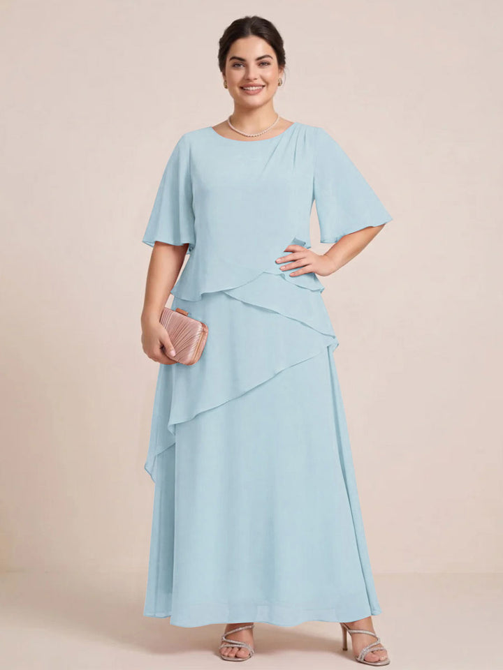 A-Line/Princess Scoop Short Sleeves Tiered Chiffon  Plus Size Mother of the Bride Dresses