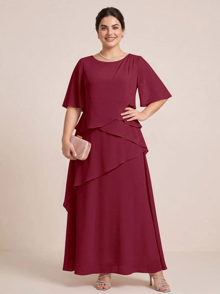 A-Line/Princess Scoop Short Sleeves Tiered Chiffon  Plus Size Mother of the Bride Dresses