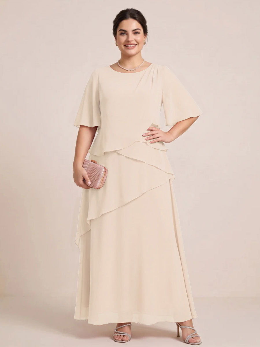 A-Line/Princess Scoop Short Sleeves Tiered Chiffon  Plus Size Mother of the Bride Dresses
