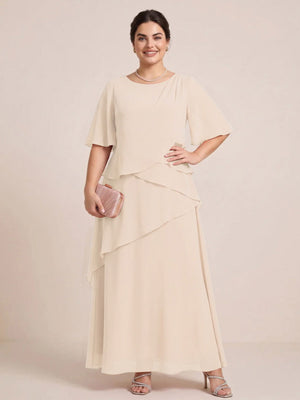 A-Line/Princess Scoop Short Sleeves Tiered Chiffon  Plus Size Mother of the Bride Dresses