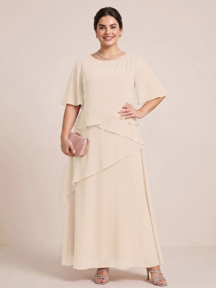 A-Line/Princess Scoop Short Sleeves Tiered Chiffon  Plus Size Mother of the Bride Dresses