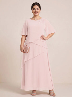 A-Line/Princess Scoop Short Sleeves Tiered Chiffon  Plus Size Mother of the Bride Dresses