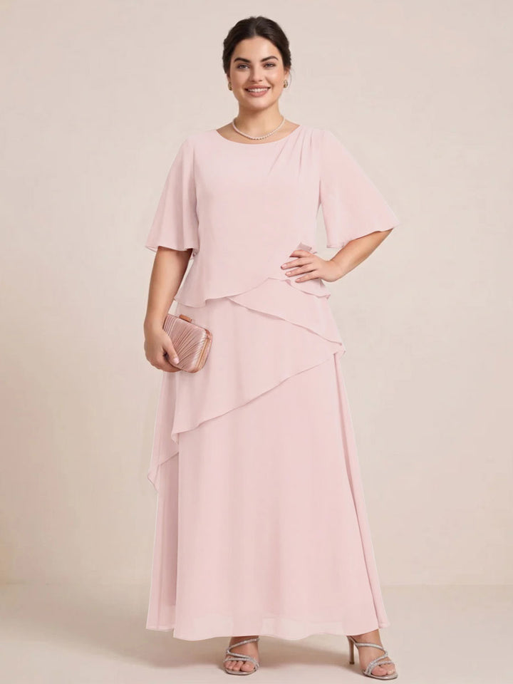 A-Line/Princess Scoop Short Sleeves Tiered Chiffon  Plus Size Mother of the Bride Dresses