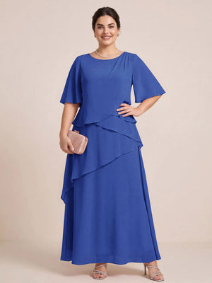 A-Line/Princess Scoop Short Sleeves Tiered Chiffon  Plus Size Mother of the Bride Dresses