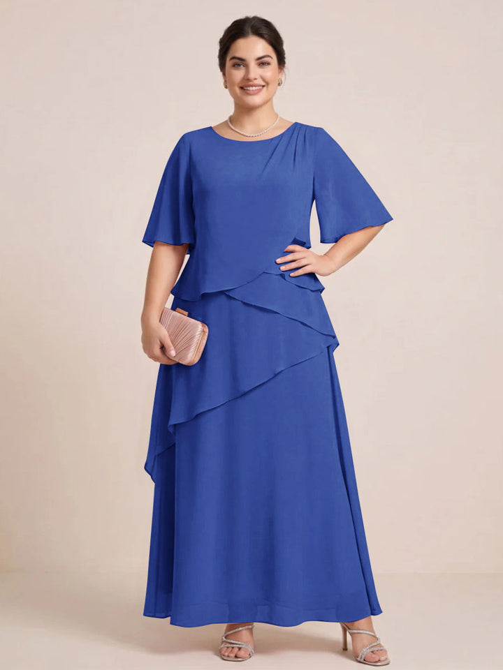 A-Line/Princess Scoop Short Sleeves Tiered Chiffon  Plus Size Mother of the Bride Dresses