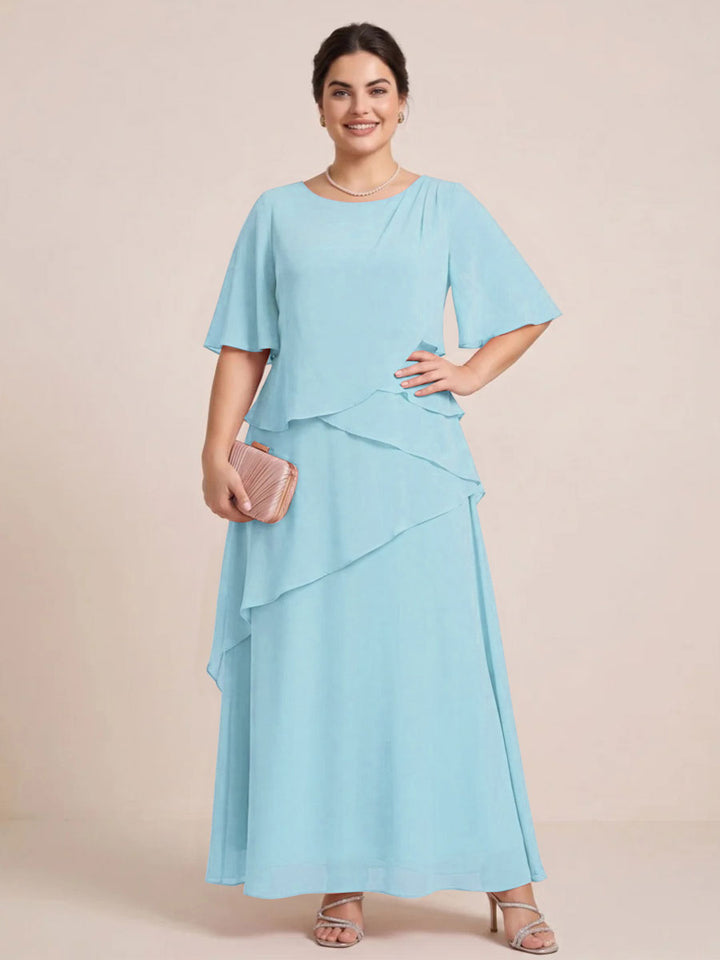 A-Line/Princess Scoop Short Sleeves Tiered Chiffon  Plus Size Mother of the Bride Dresses