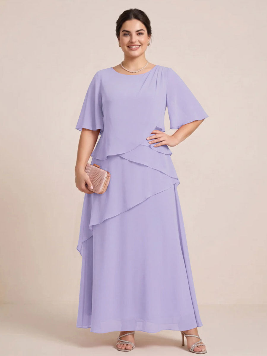 A-Line/Princess Scoop Short Sleeves Tiered Chiffon  Plus Size Mother of the Bride Dresses