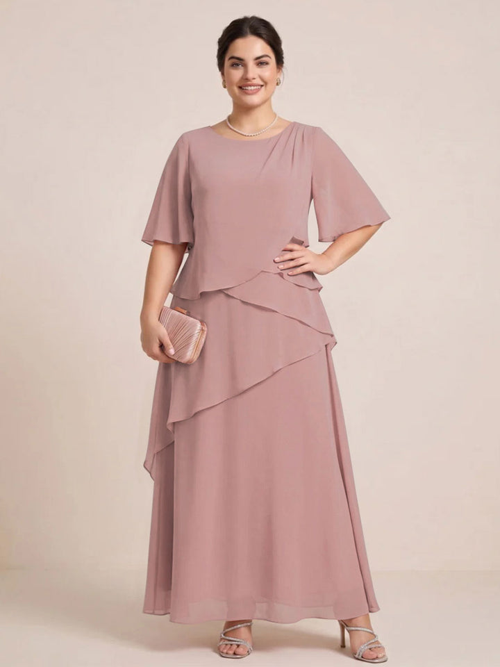 A-Line/Princess Scoop Short Sleeves Tiered Chiffon  Plus Size Mother of the Bride Dresses