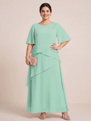 A-Line/Princess Scoop Short Sleeves Tiered Chiffon  Plus Size Mother of the Bride Dresses
