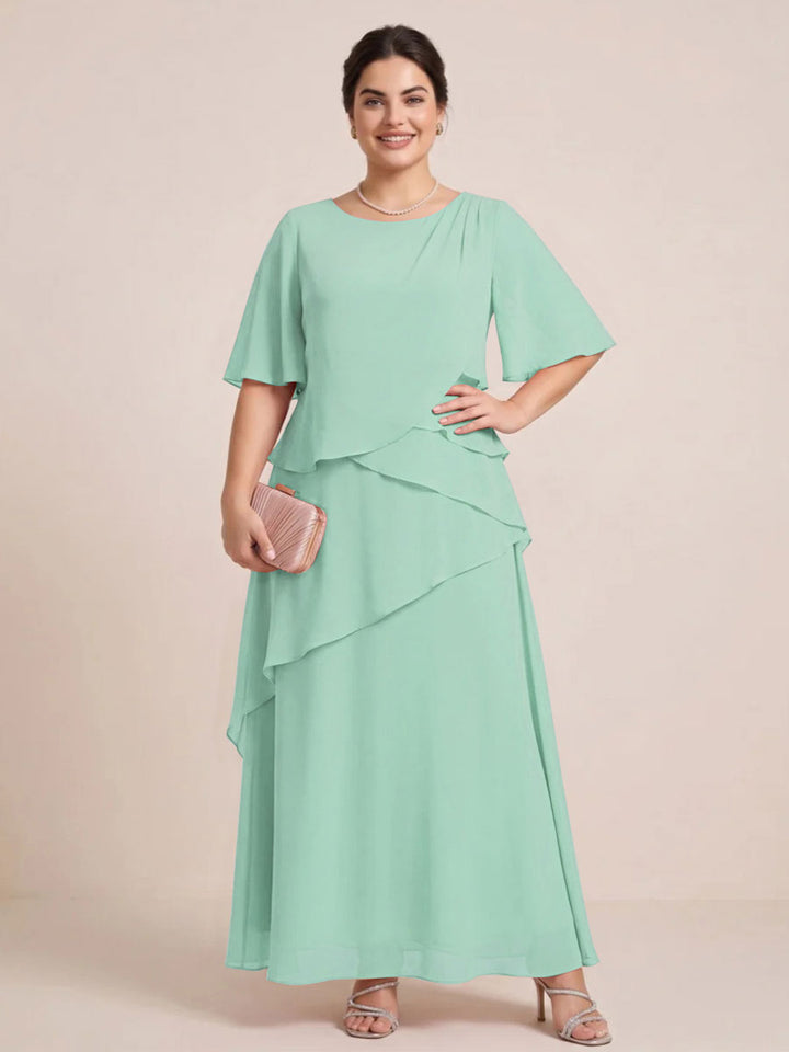 A-Line/Princess Scoop Short Sleeves Tiered Chiffon  Plus Size Mother of the Bride Dresses