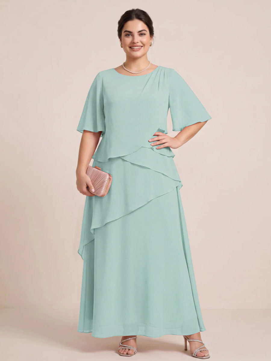 A-Line/Princess Scoop Short Sleeves Tiered Chiffon  Plus Size Mother of the Bride Dresses
