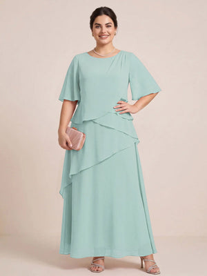A-Line/Princess Scoop Short Sleeves Tiered Chiffon  Plus Size Mother of the Bride Dresses